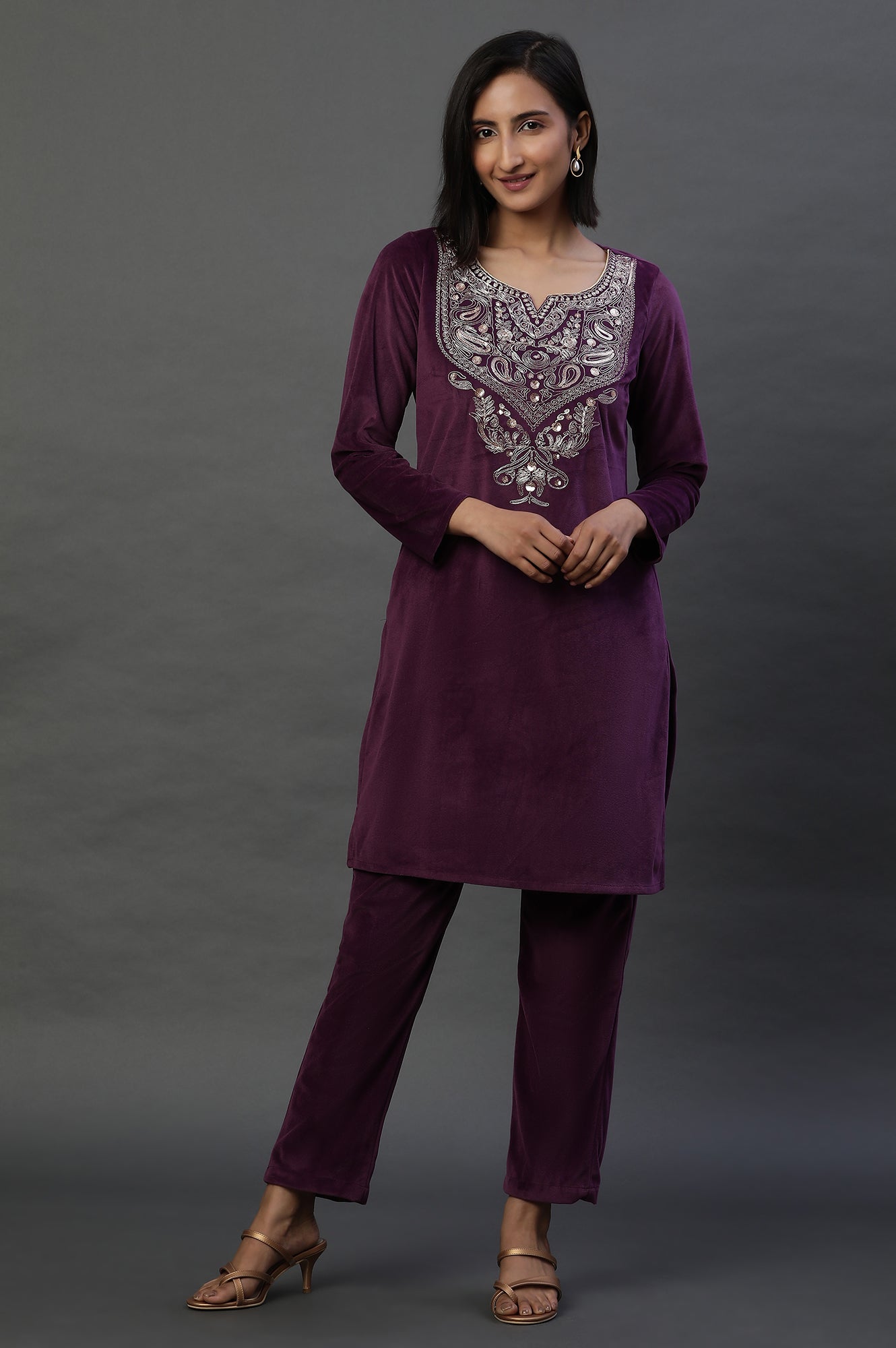 Purple Velvet Embroidered Kurta and Pants Festive Set