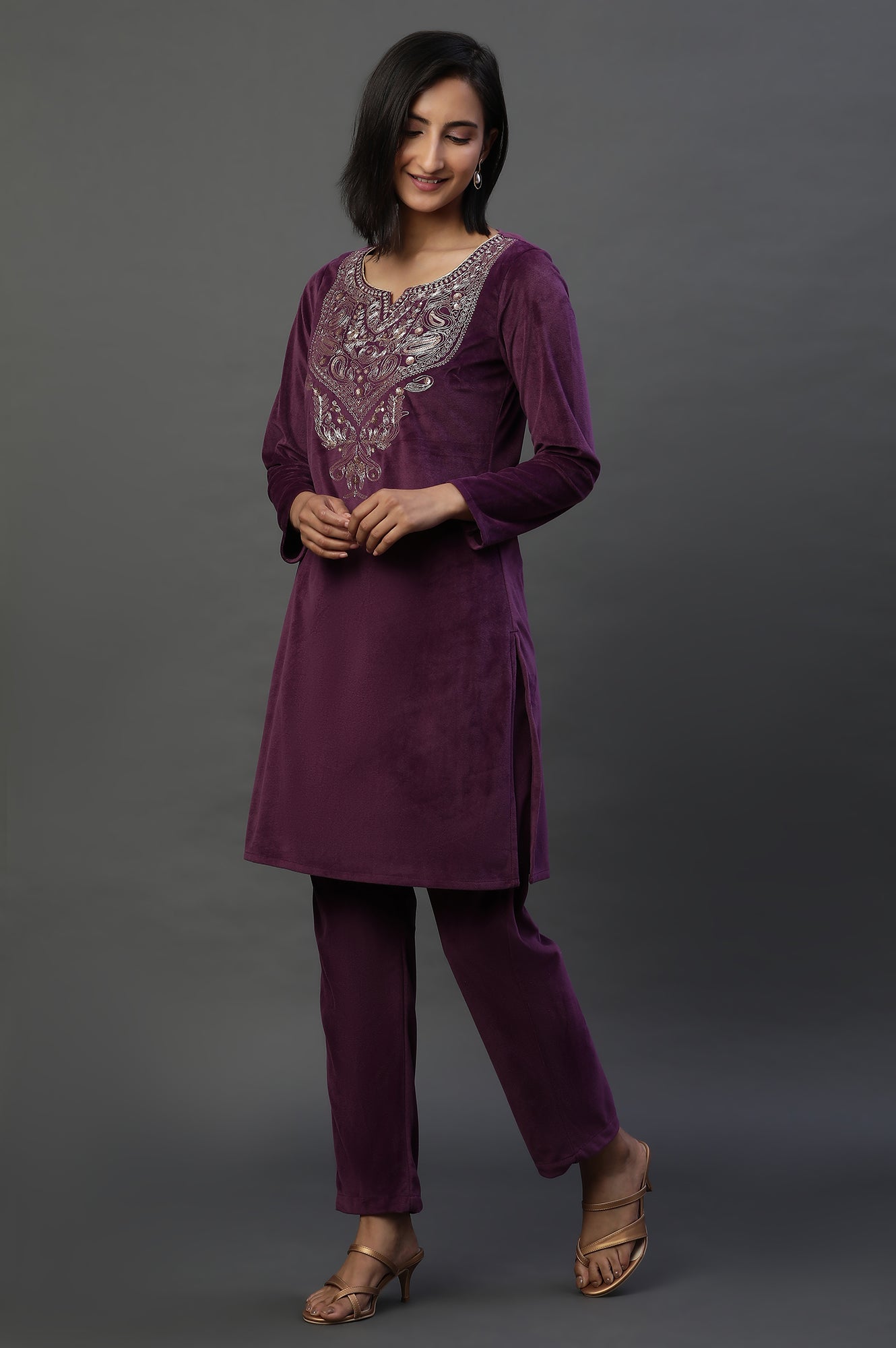 Purple Velvet Embroidered Kurta and Pants Festive Set