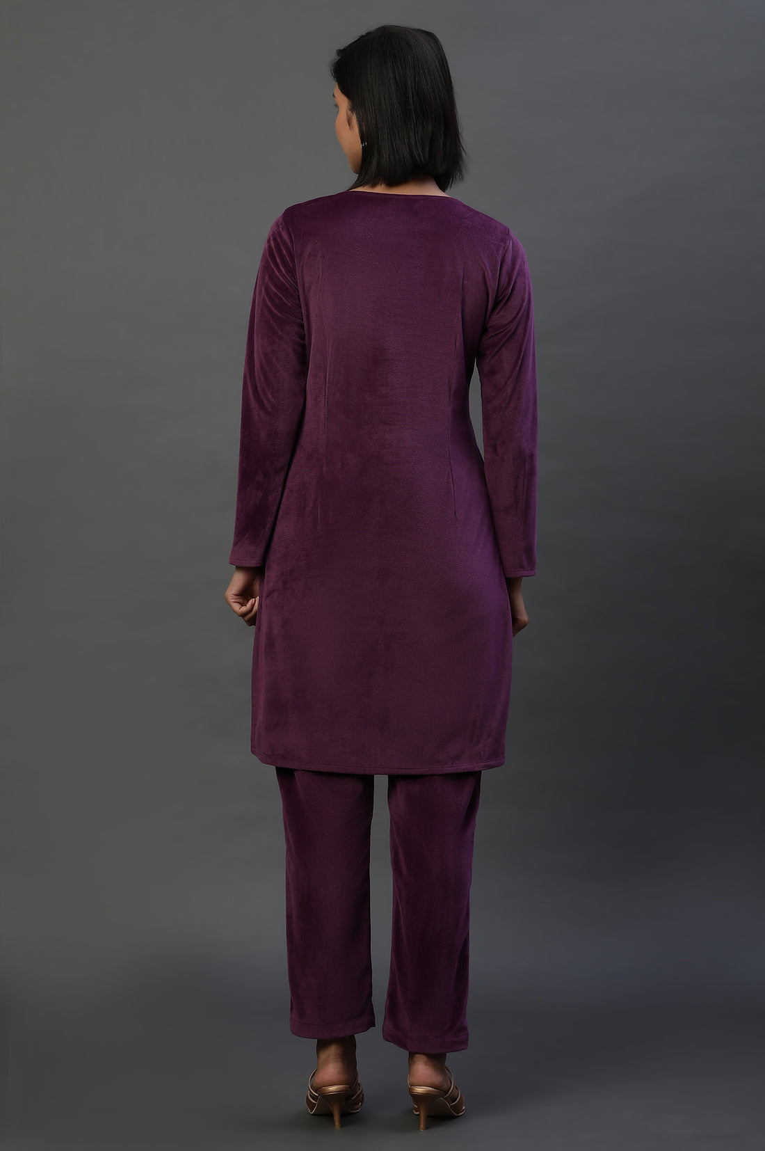 Purple Velvet Embroidered Kurta and Pants Festive Set