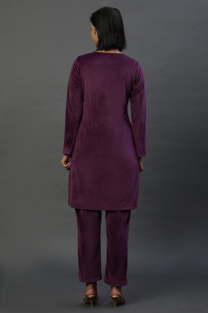 Purple Velvet Embroidered Kurta and Pants Festive Set