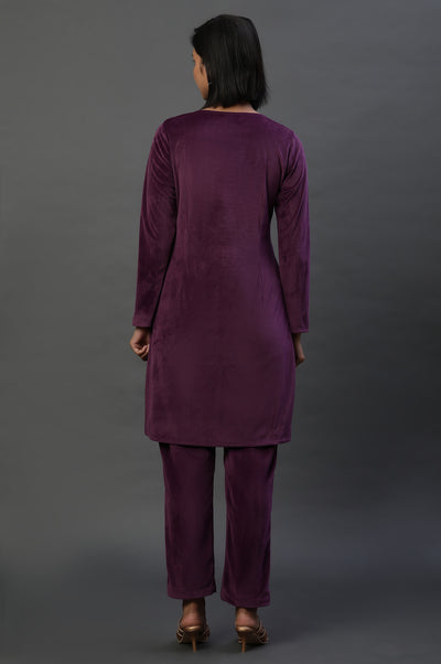 Purple Velvet Embroidered Kurta and Pants Festive Set