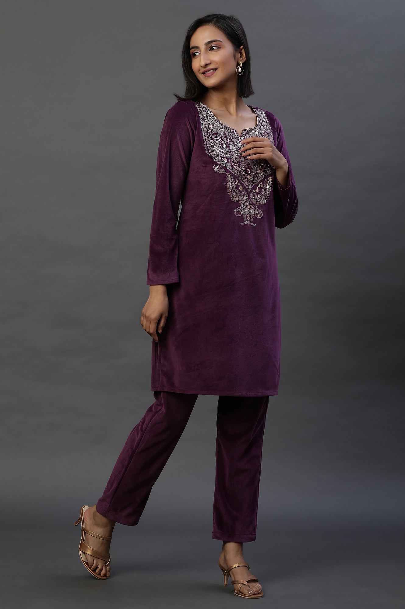 Purple Velvet Embroidered Kurta and Pants Festive Set