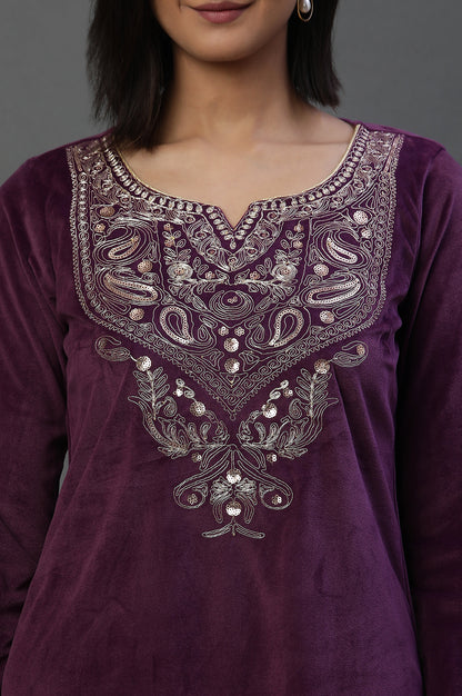 Purple Velvet Embroidered Kurta and Pants Festive Set