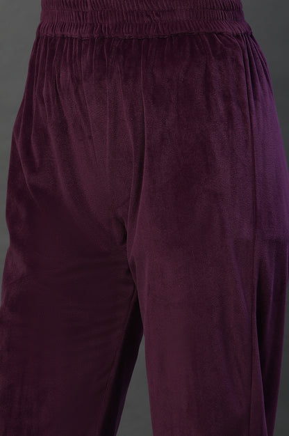 Purple Velvet Embroidered Kurta and Pants Festive Set