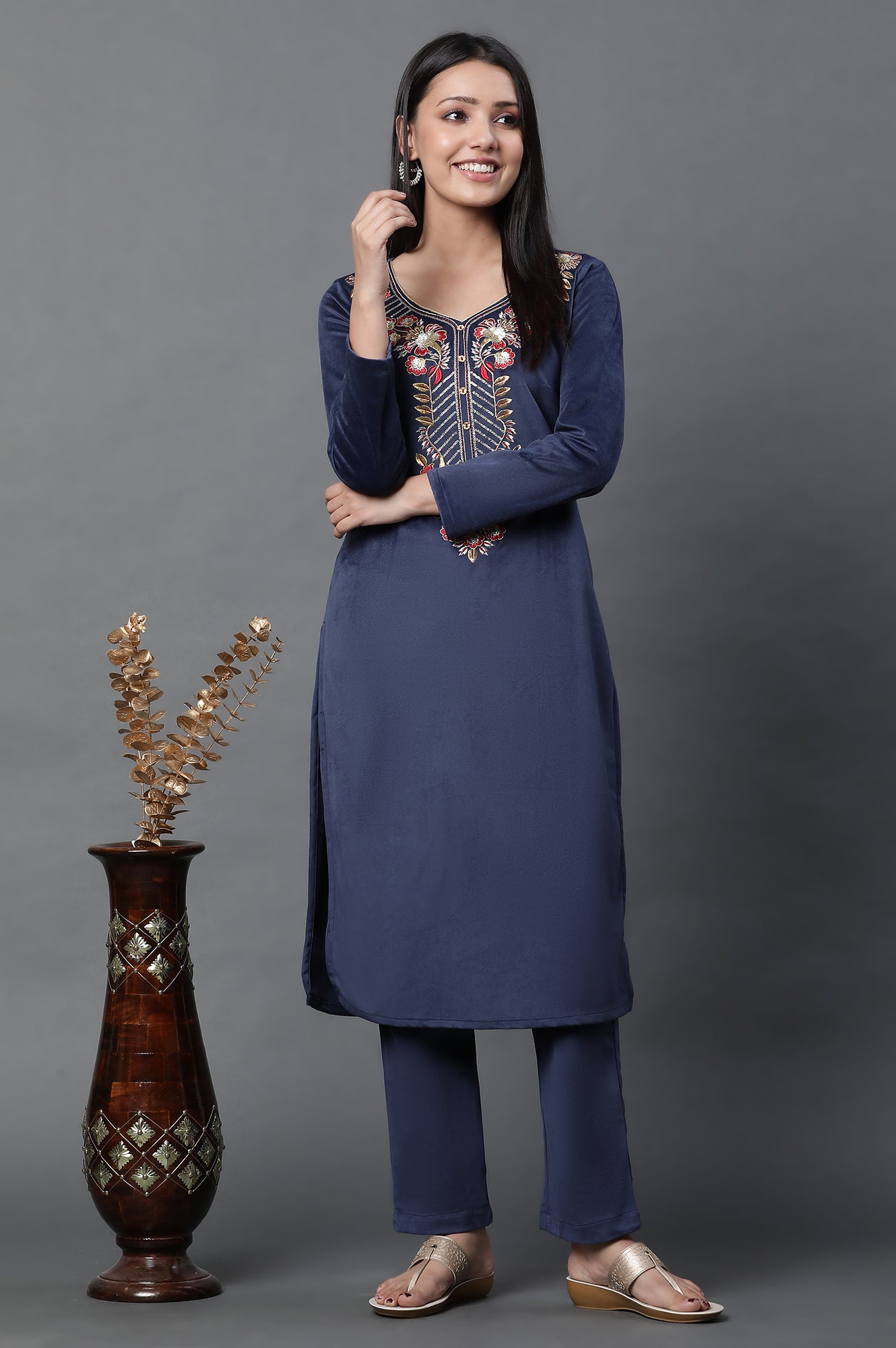 Blue Embroidered Velvet Winter Kurta and Pants Set