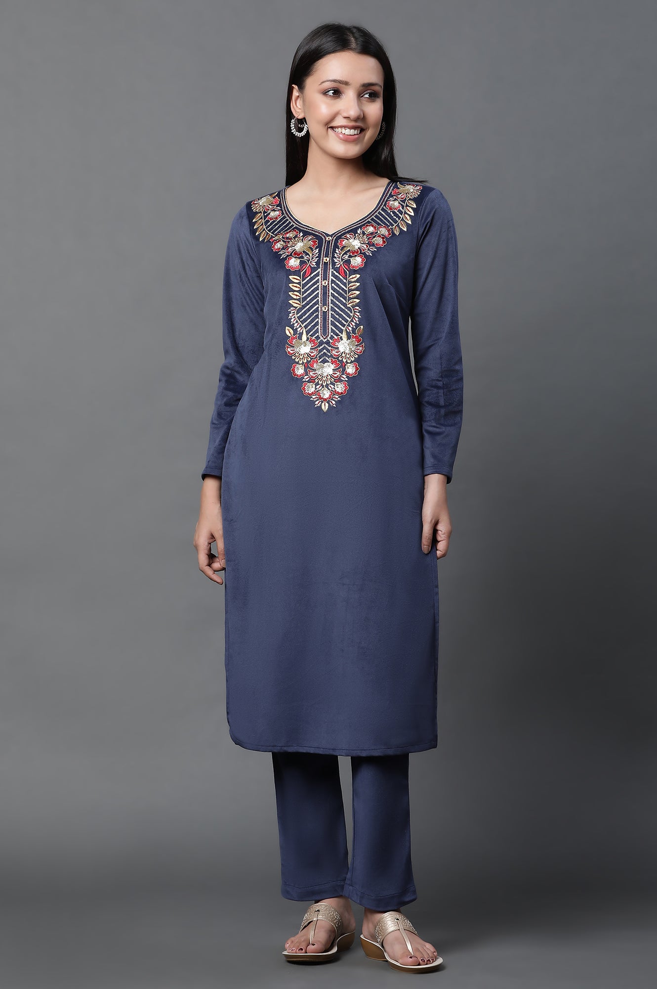 Blue Embroidered Velvet Winter Kurta and Pants Set