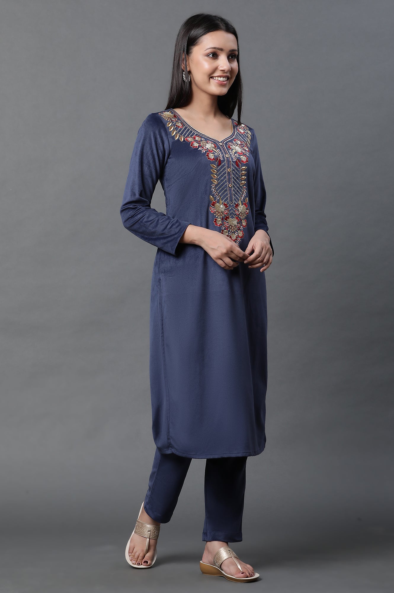 Blue Embroidered Velvet Winter Kurta and Pants Set