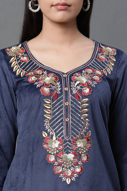 Blue Embroidered Velvet Winter Kurta and Pants Set