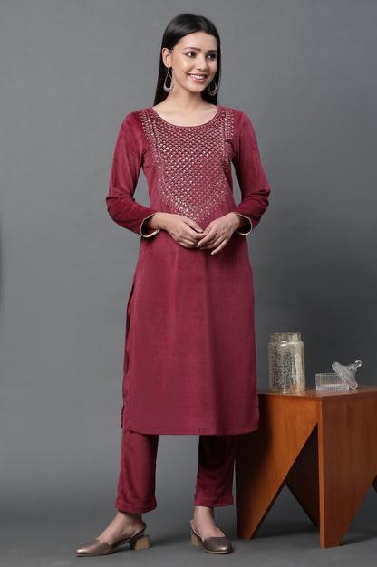 Red Zari Embroidered Winter Kurta and Pants Set