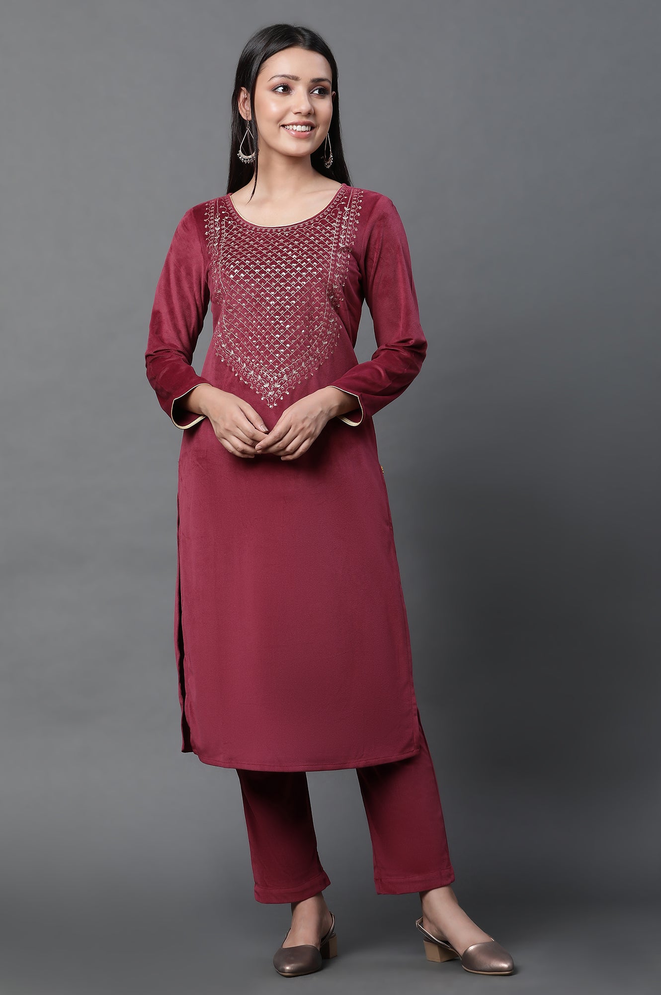 Red Zari Embroidered Winter Kurta and Pants Set