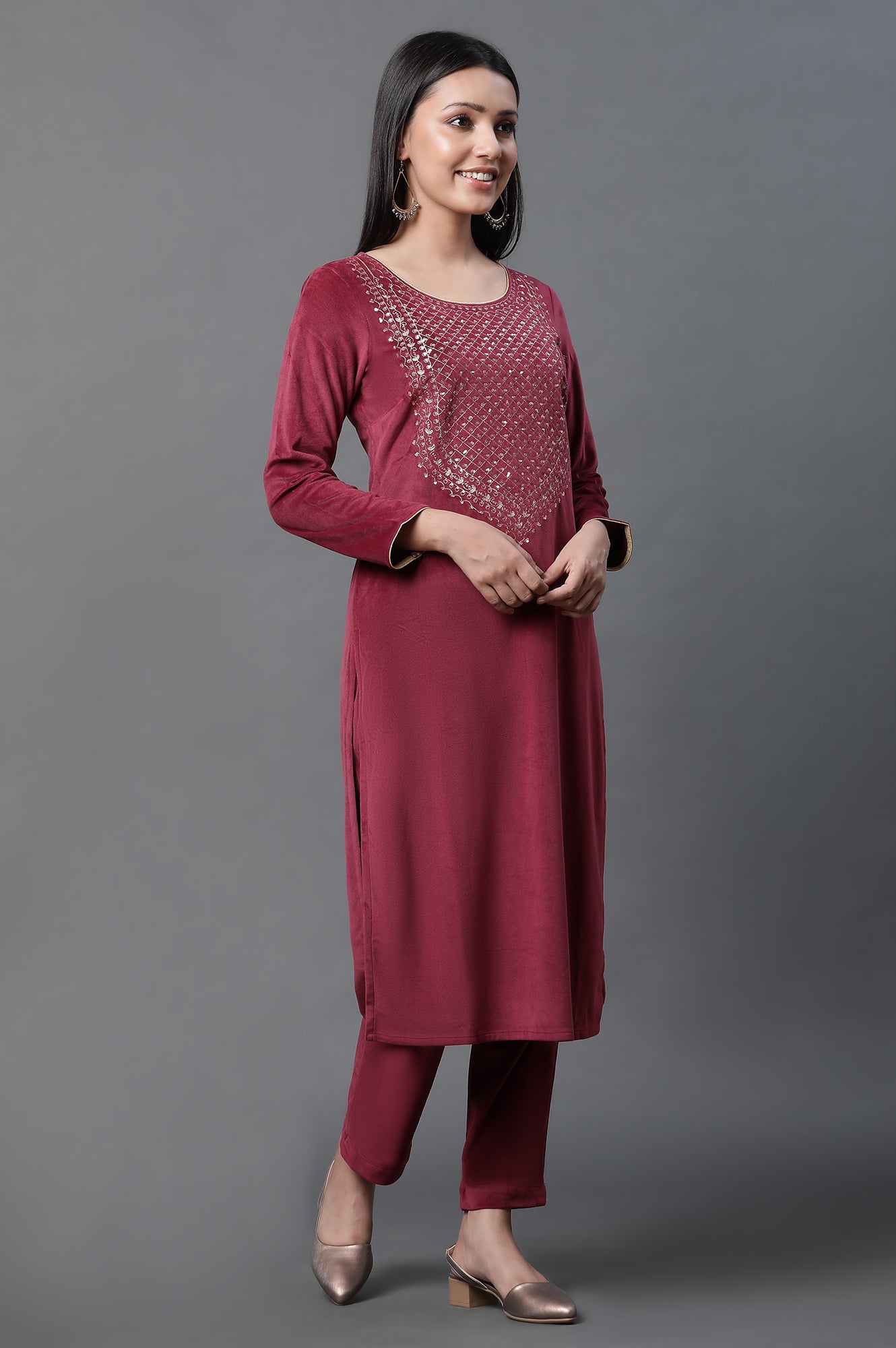 Red Zari Embroidered Winter Kurta and Pants Set