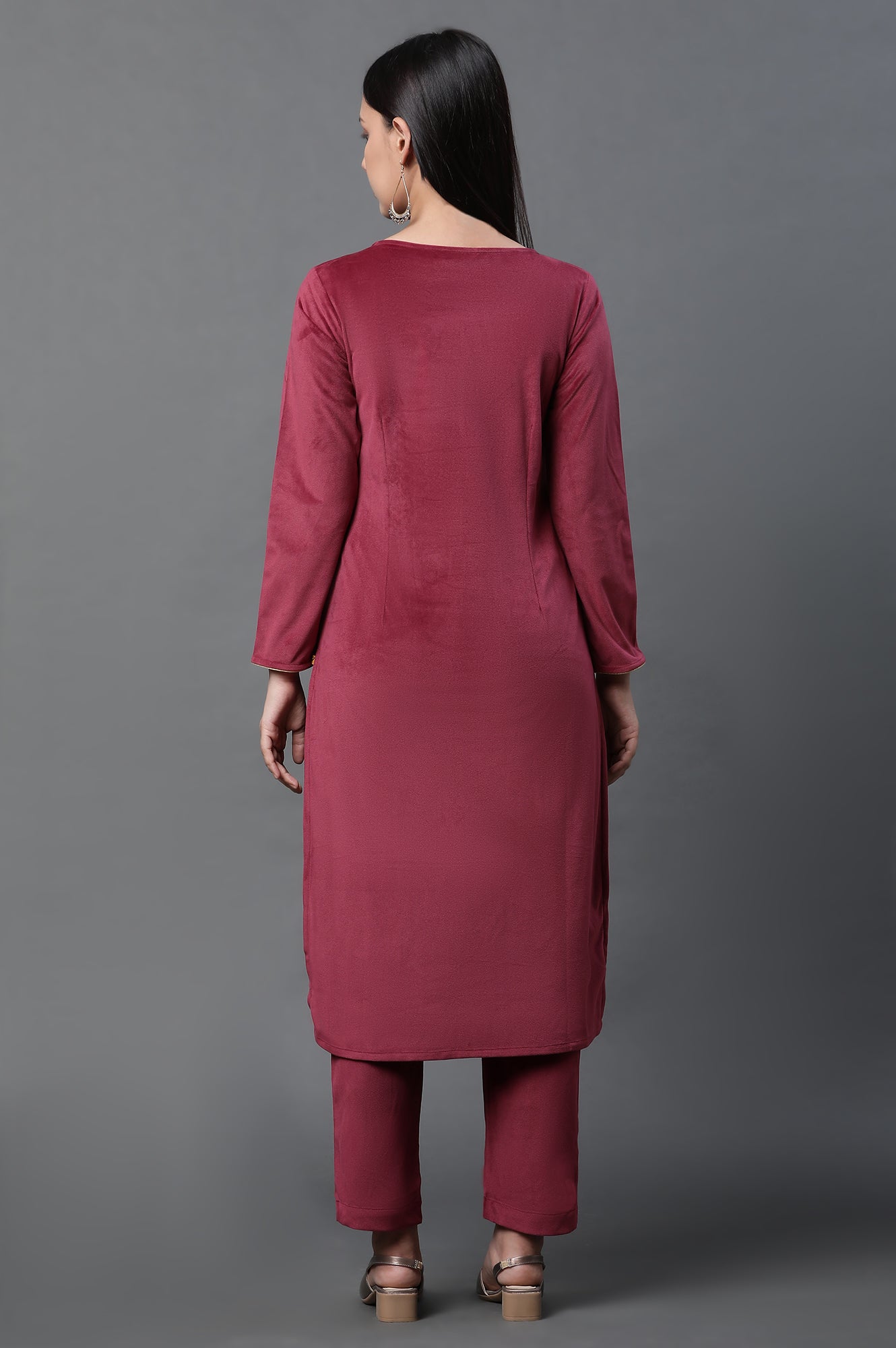 Red Zari Embroidered Winter Kurta and Pants Set