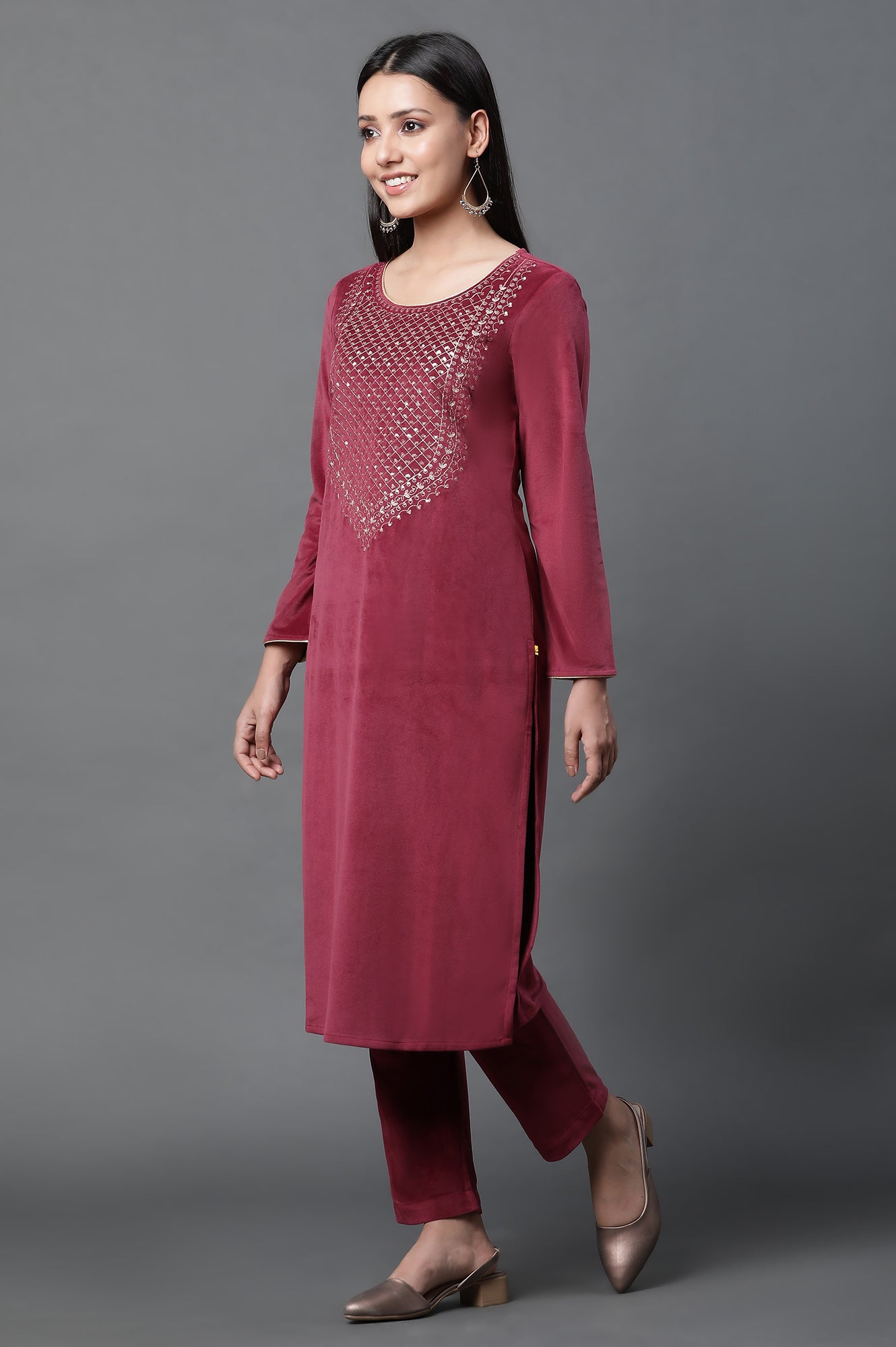 Red Zari Embroidered Winter Kurta and Pants Set