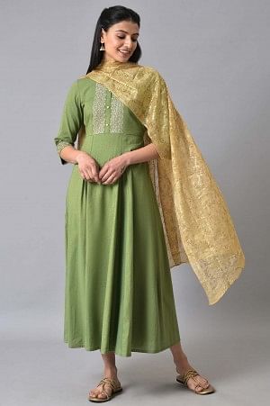 Green Festive Zari Embroidered Dress