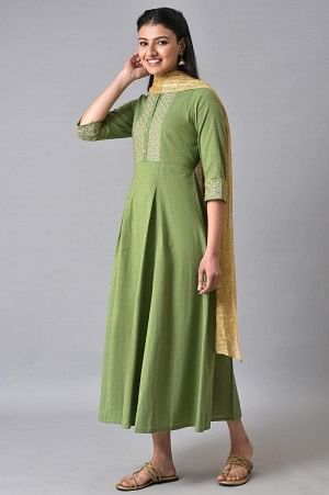 Green Festive Zari Embroidered Dress