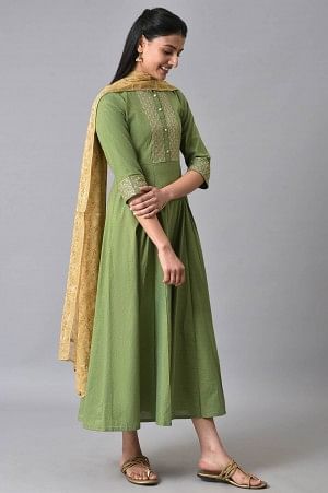 Green Festive Zari Embroidered Dress