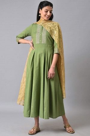 Green Festive Zari Embroidered Dress