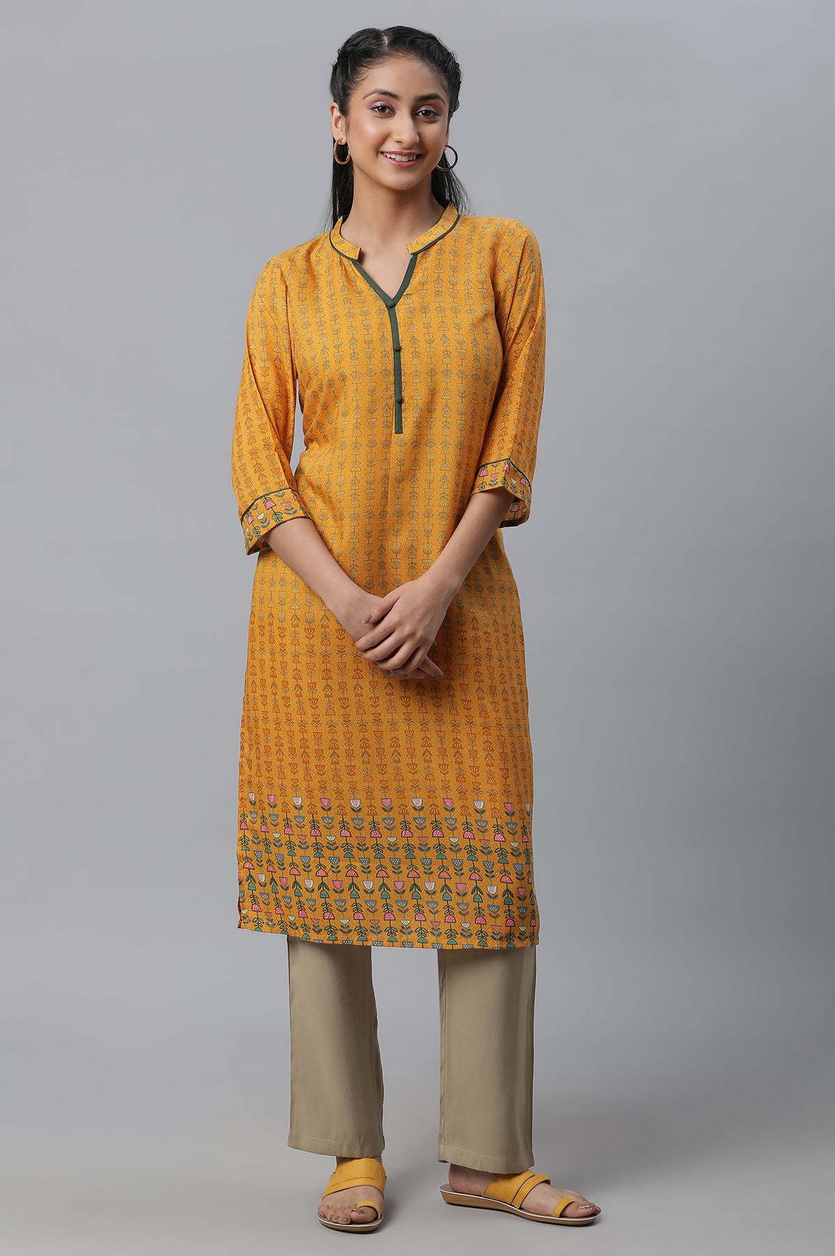 Yellow Printed Straight Casual kurta - XS