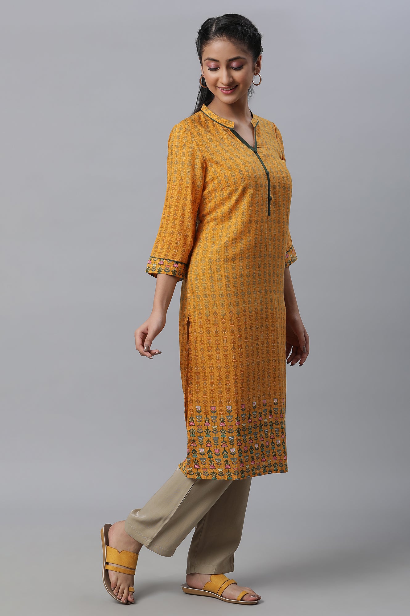 Yellow Printed Straight Casual Kurta