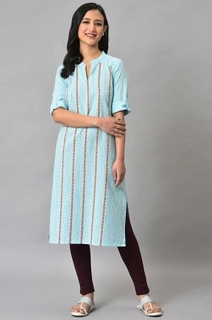 Blue Cotton Printed Straight Kurta