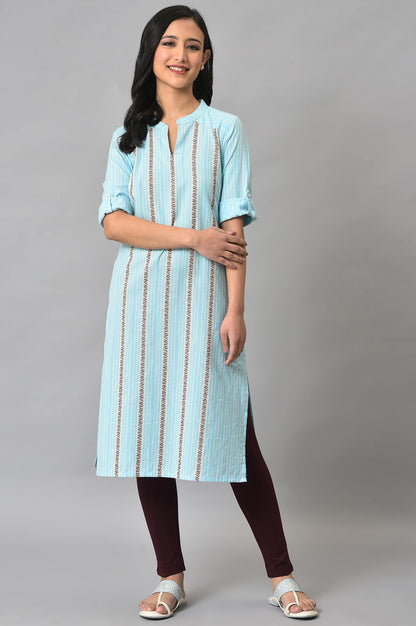 Blue Cotton Printed Straight kurta