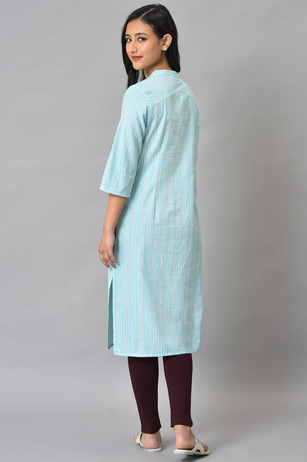 Blue Cotton Printed Straight Kurta