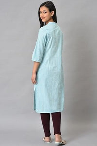 Blue Cotton Printed Straight Kurta