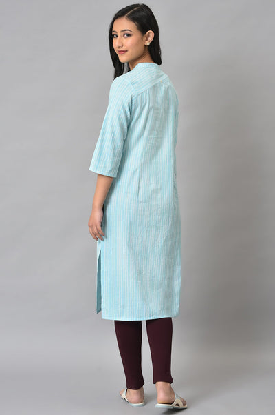 Blue Cotton Printed Straight kurta
