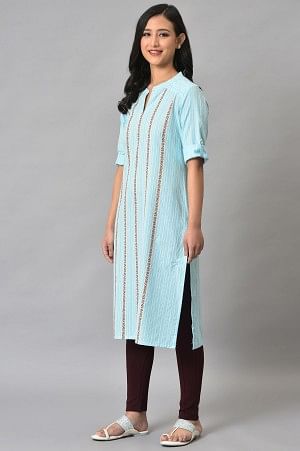 Blue Cotton Printed Straight Kurta