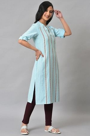 Blue Cotton Printed Straight Kurta