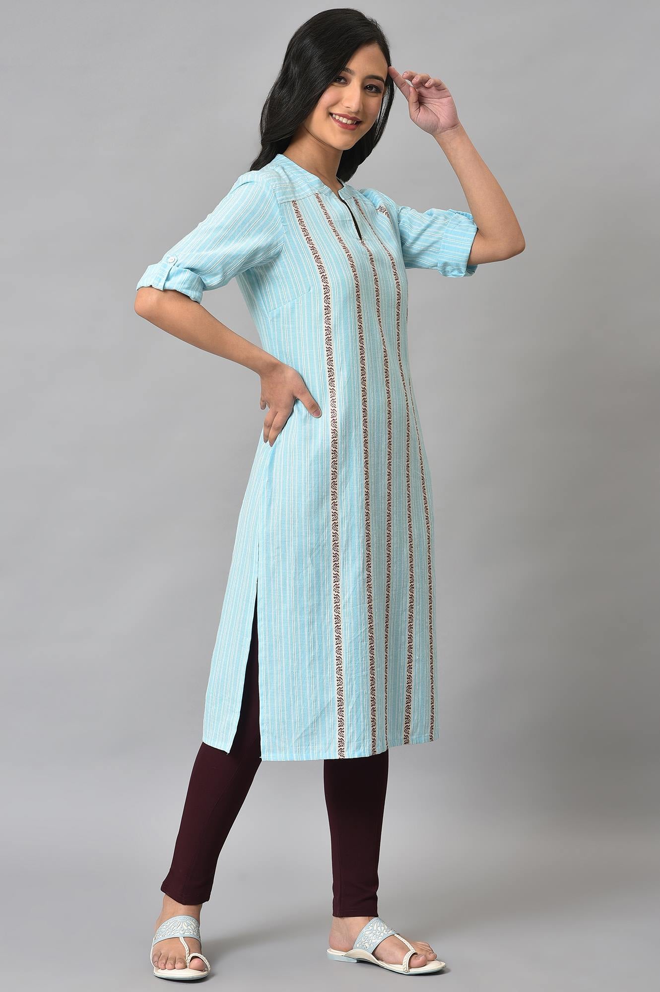 Blue Cotton Printed Straight kurta