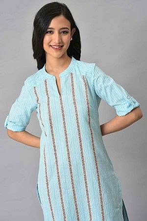 Blue Cotton Printed Straight Kurta