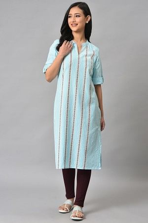 Blue Cotton Printed Straight Kurta