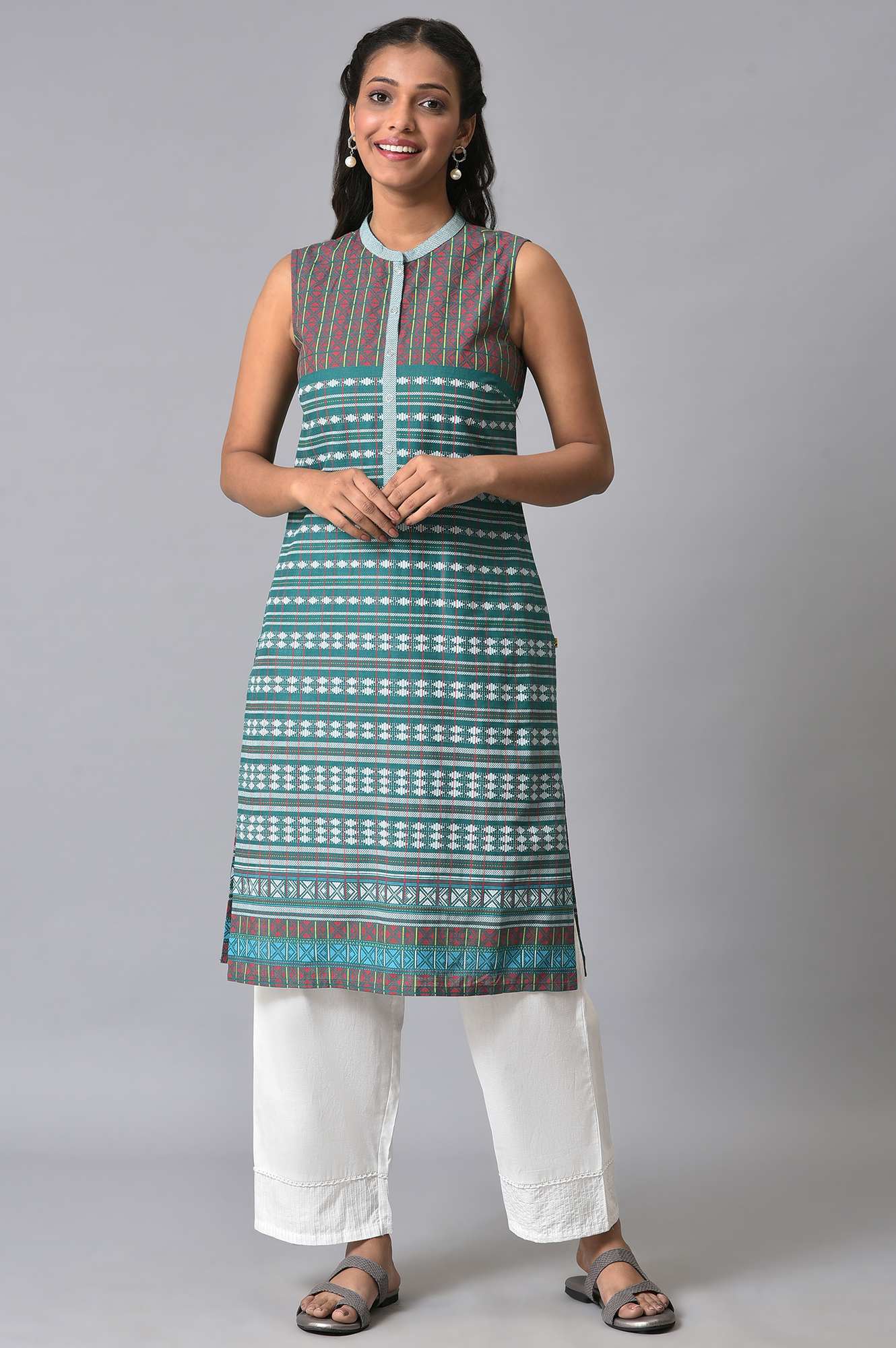 Green Printed Sleeveless kurta