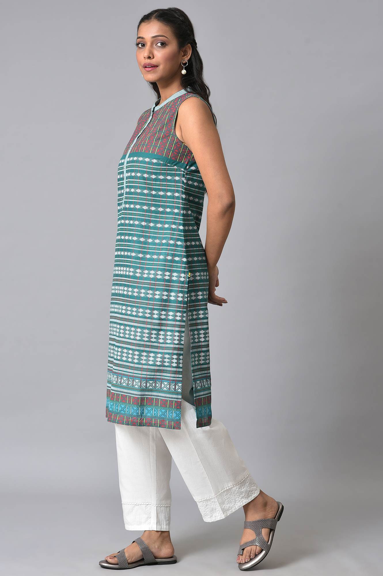 Green Printed Sleeveless kurta