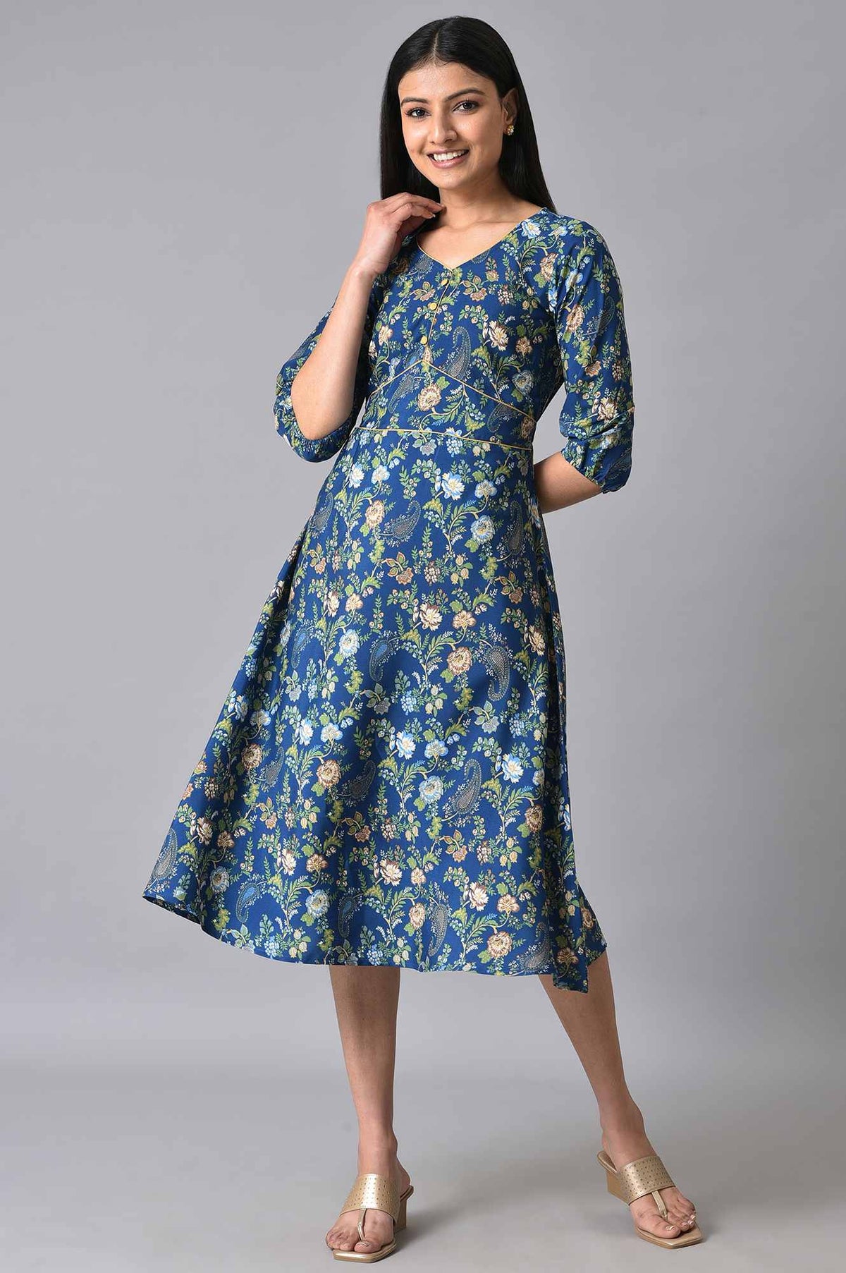 Blue Floral Printed A-Line Dress - XS