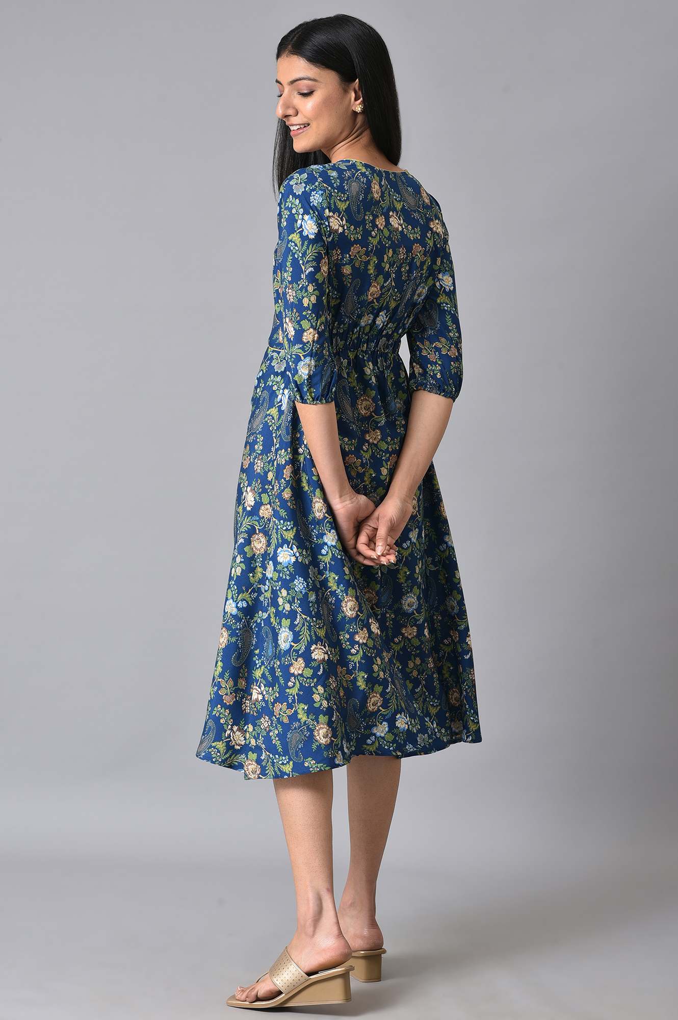 Blue Floral Printed A-Line Dress