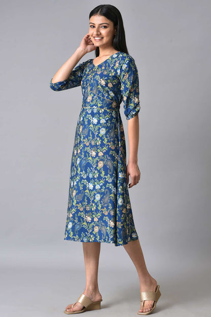 Blue Floral Printed A-Line Dress