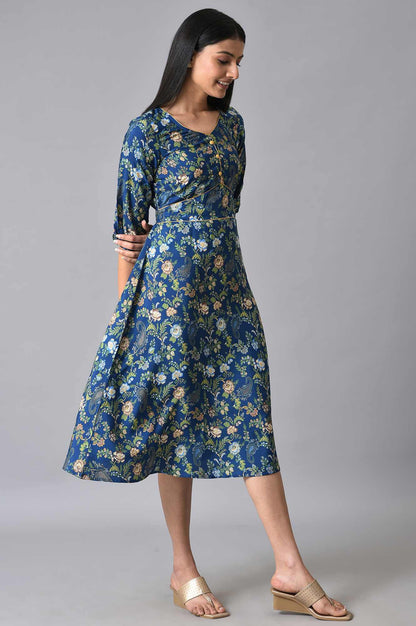 Blue Floral Printed A-Line Dress