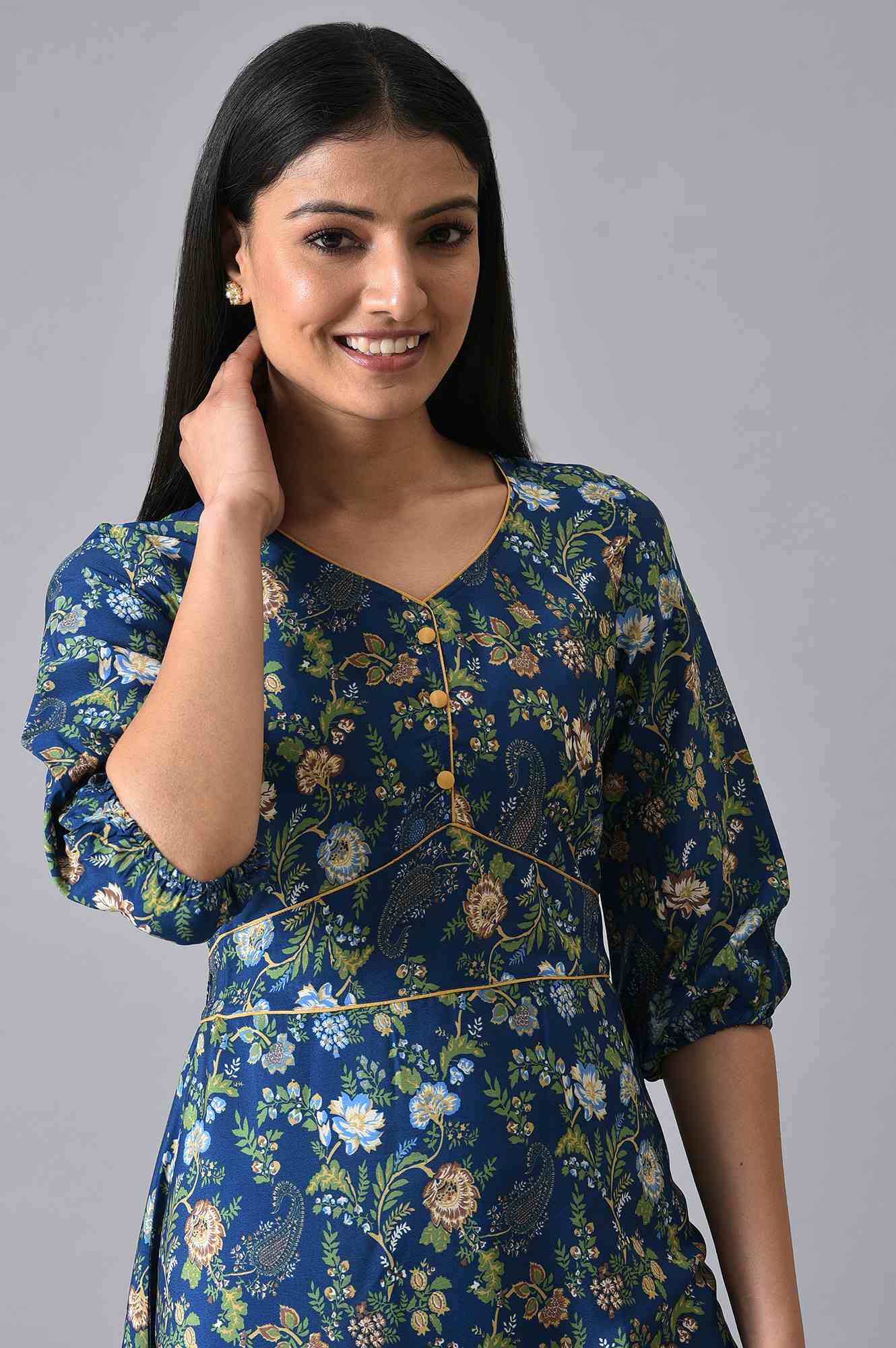 Blue Floral Printed A-Line Dress