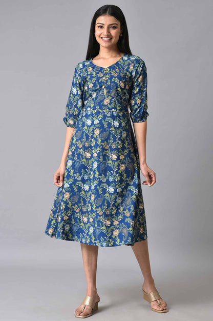 Blue Floral Printed A-Line Dress