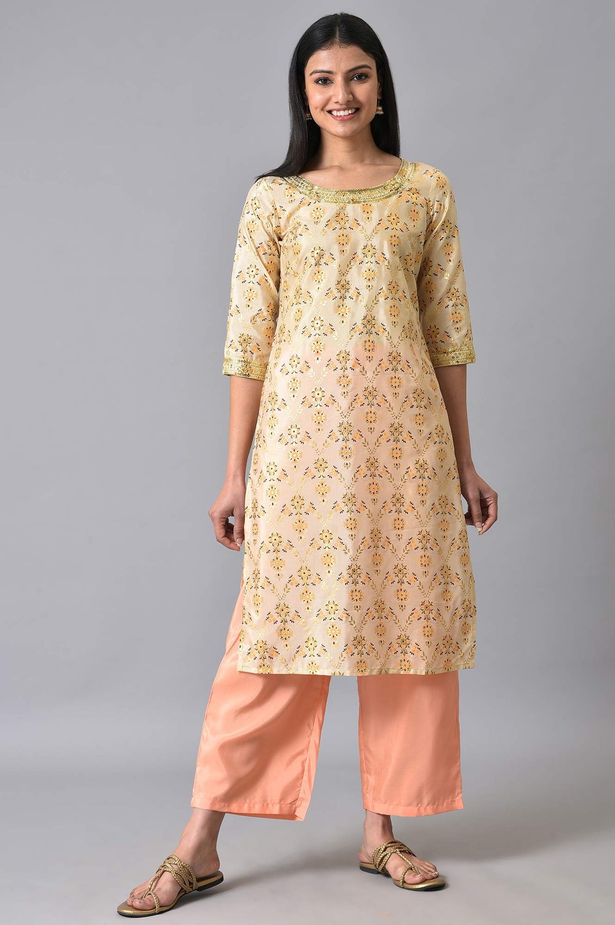 Natural Sequined Floral Printed kurta Set - S
