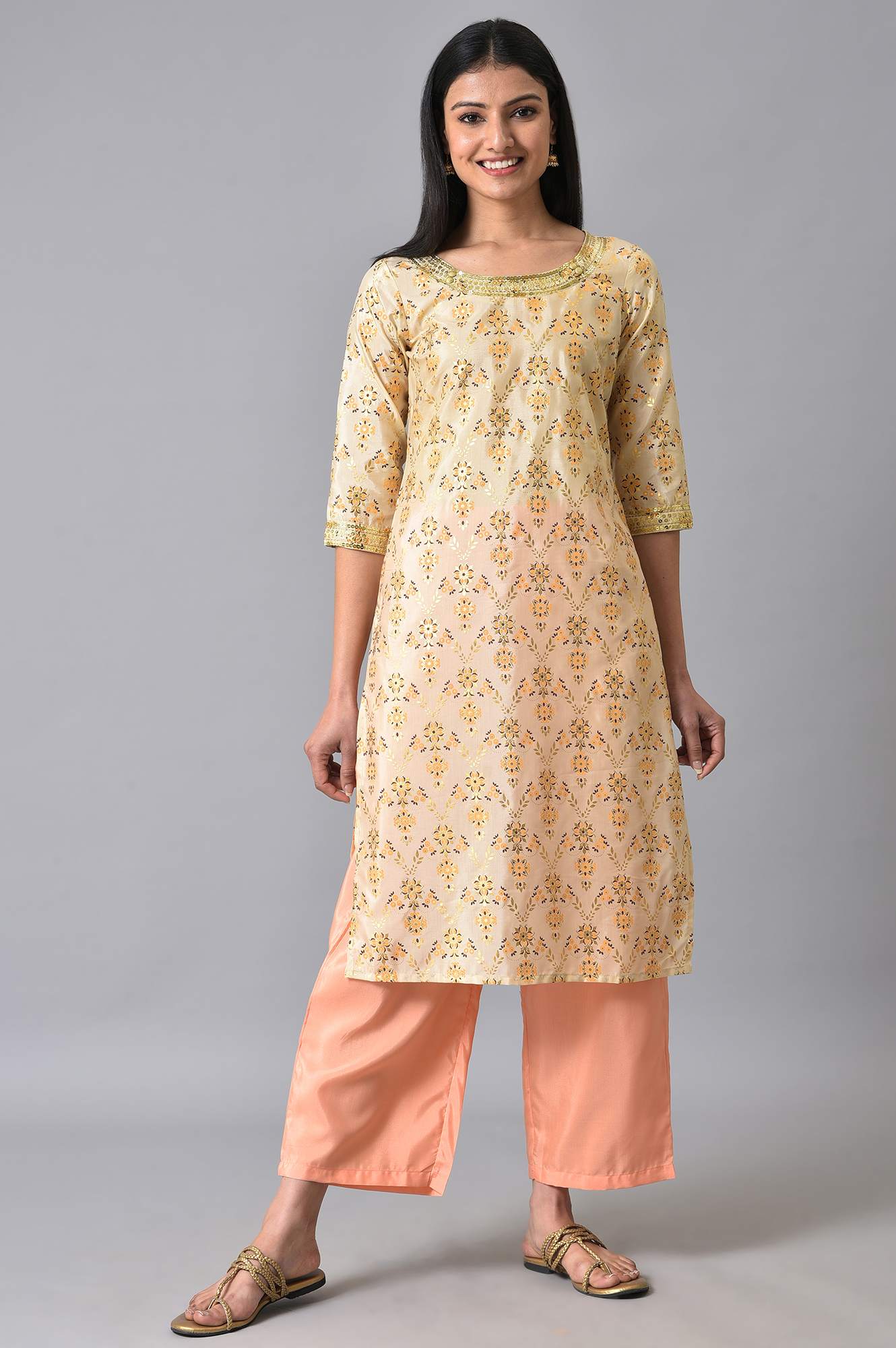 Natural Sequined Floral Printed kurta Set