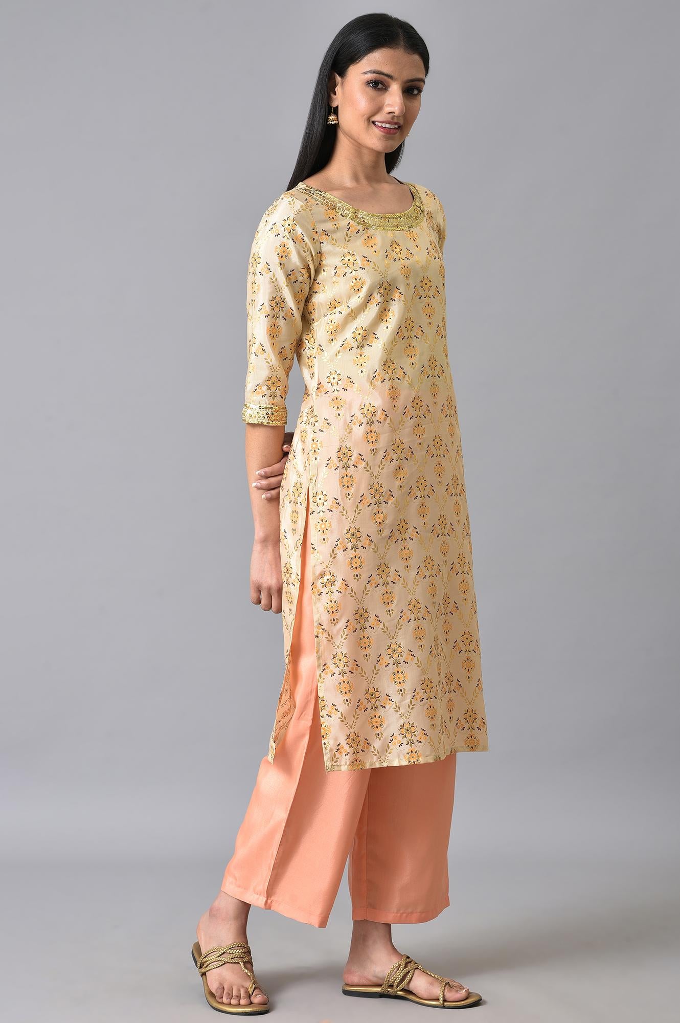 Natural Sequined Floral Printed kurta Set