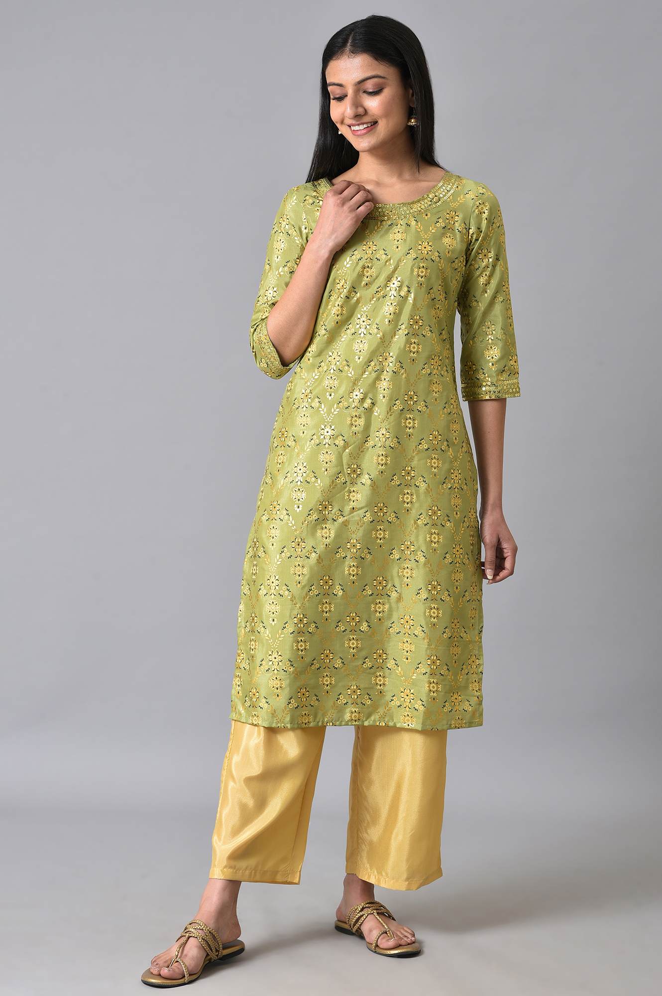 Green Sequined Floral Printed kurta Set