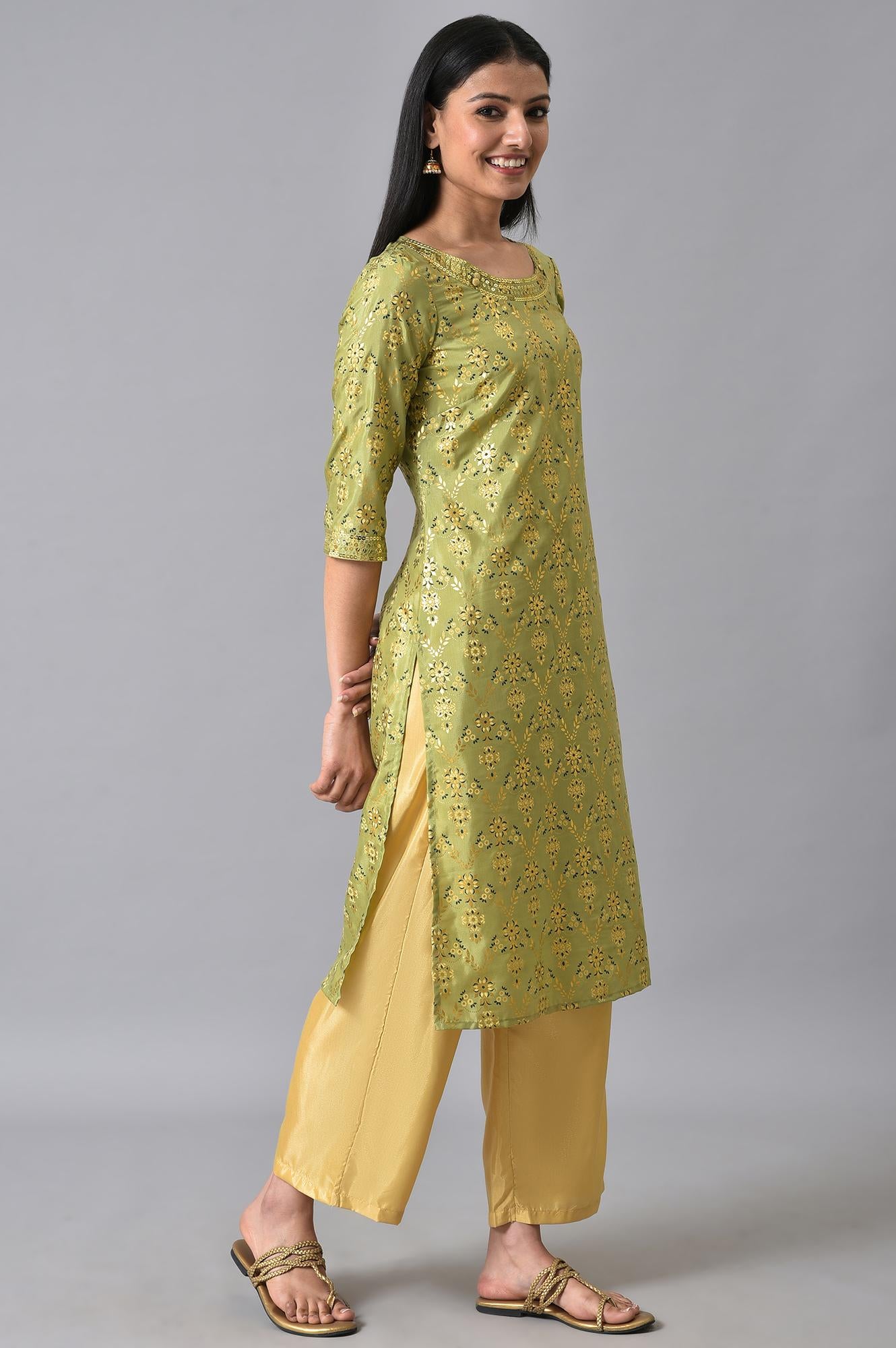 Green Sequined Floral Printed kurta Set