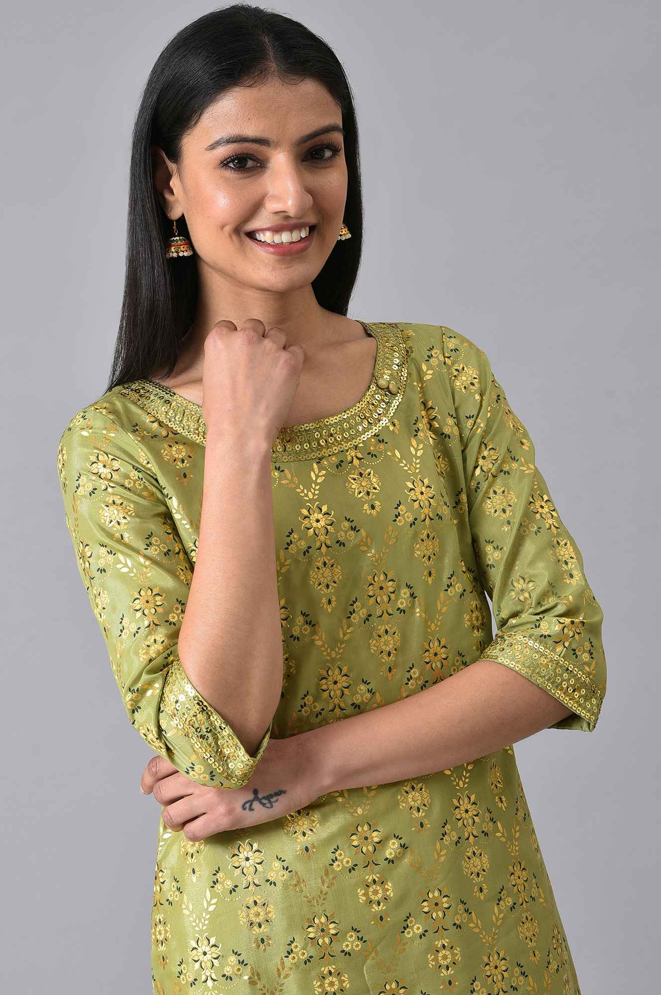 Green Sequined Floral Printed kurta Set