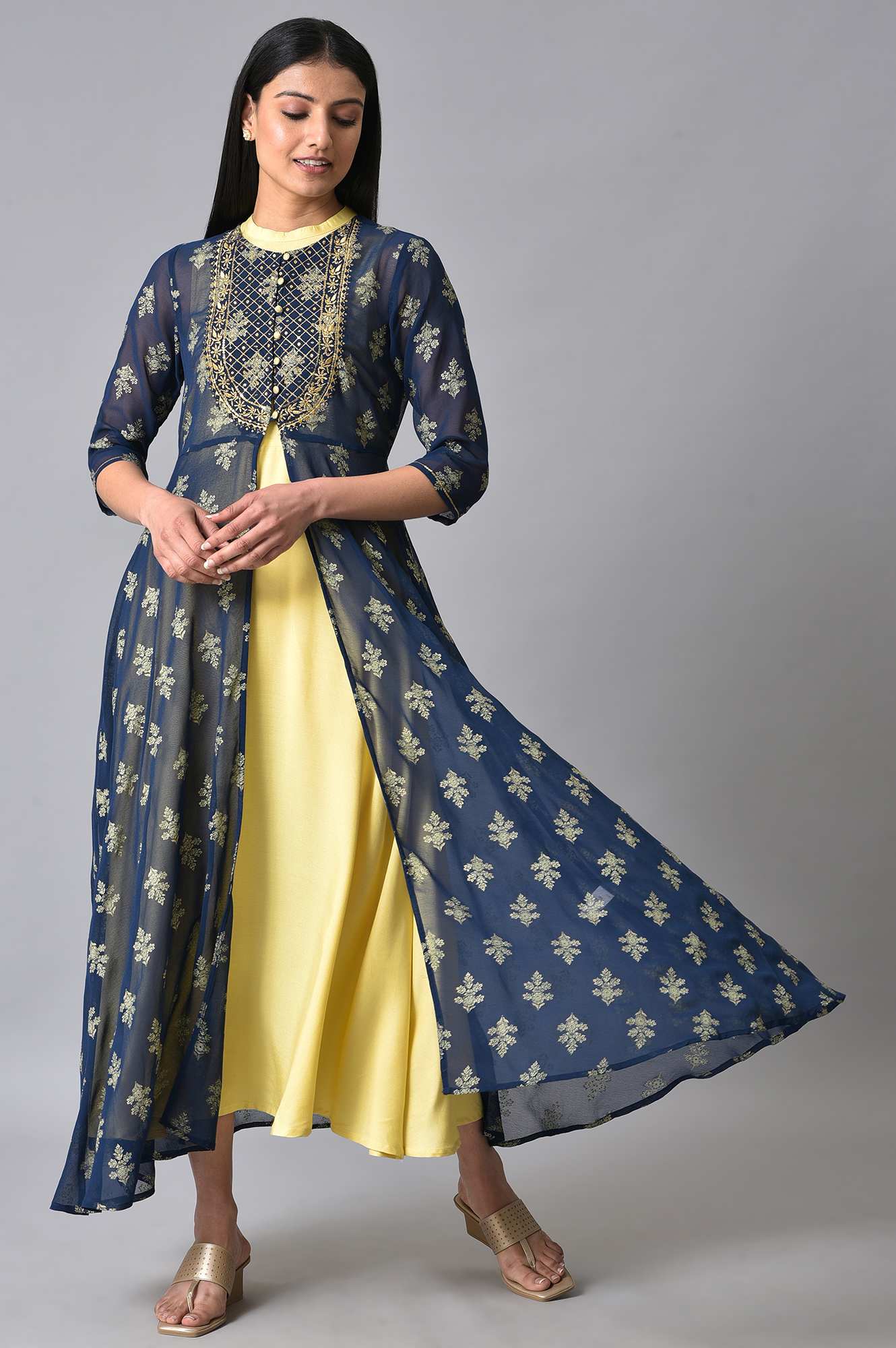 Blue Embroidered Gillet &amp; Dress Set