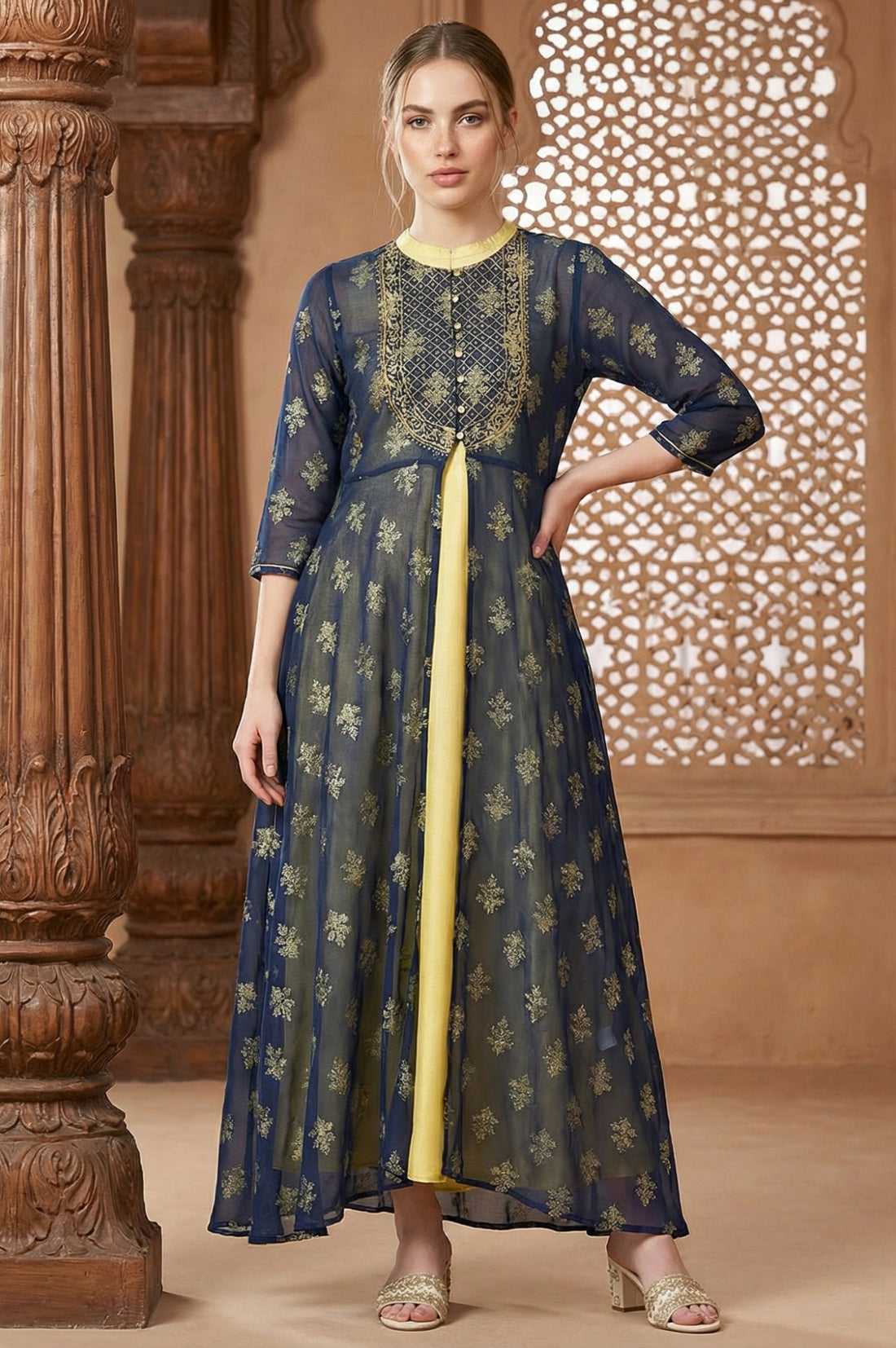 Blue Embroidered Gillet &amp; Dress Set