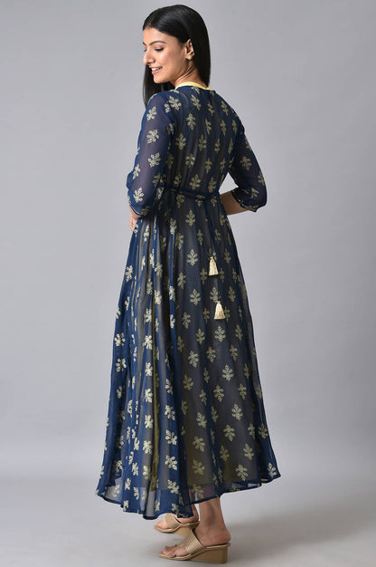 Blue Embroidered Gillet &amp; Dress Set